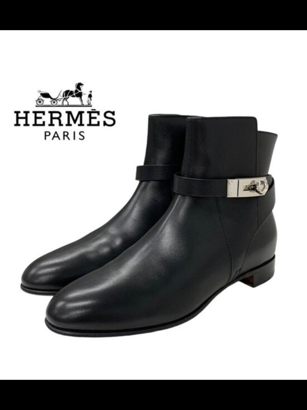 Hermes Neo Kelly Black Leather Ankle Boots with Silver Buckle 37